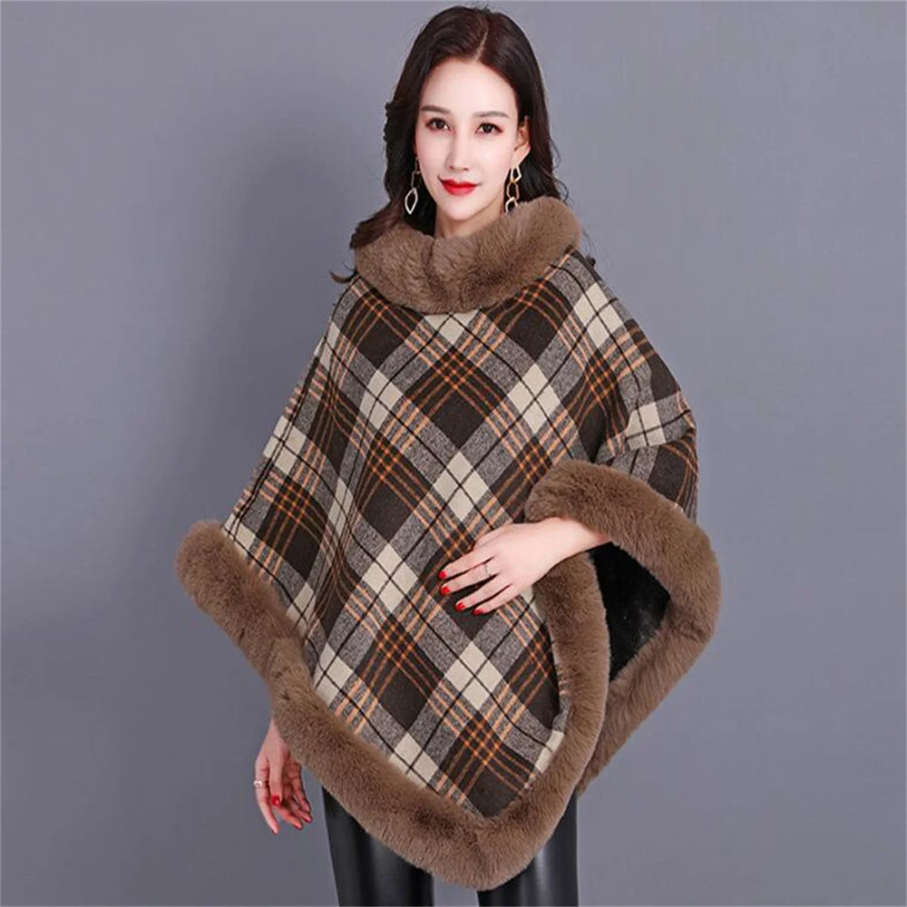 
                      
                        Striped Plaid Poncho Winter Faux Fur Street Wear Triangle Fur Neck Pullover Cloak
                      
                    