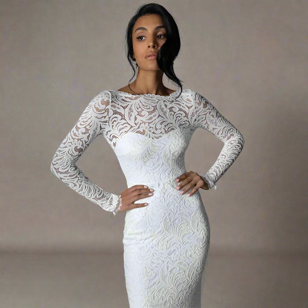 
                      
                        Long Sleeve Backless Bohemian Lace Bridal Gowns Beach Bride Boho Dress
                      
                    