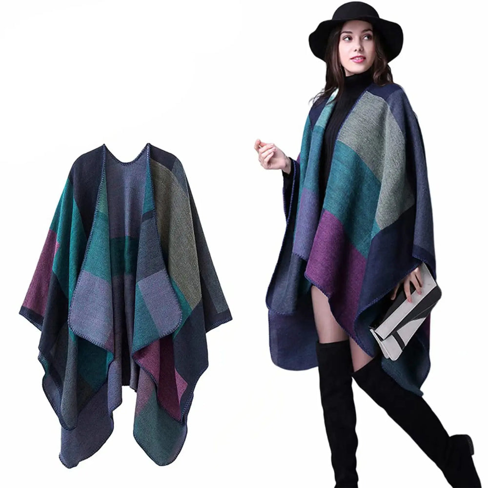 Fall Ponchos Plus Size Block Plaid Open Front Sweater Boho Coat