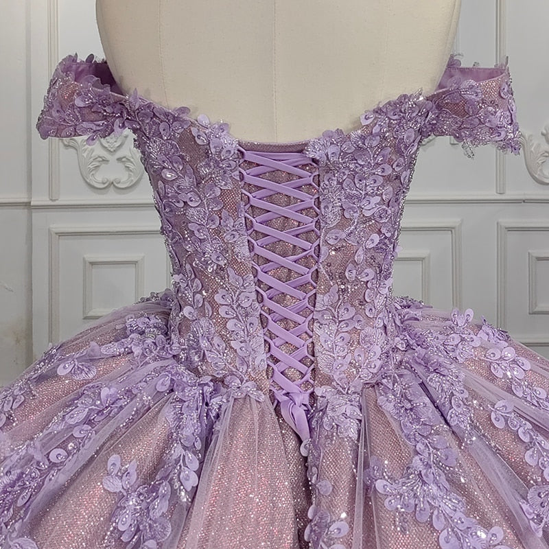 Load image into Gallery viewer, Quinceanera Purple Ball Gown Flower Dress
