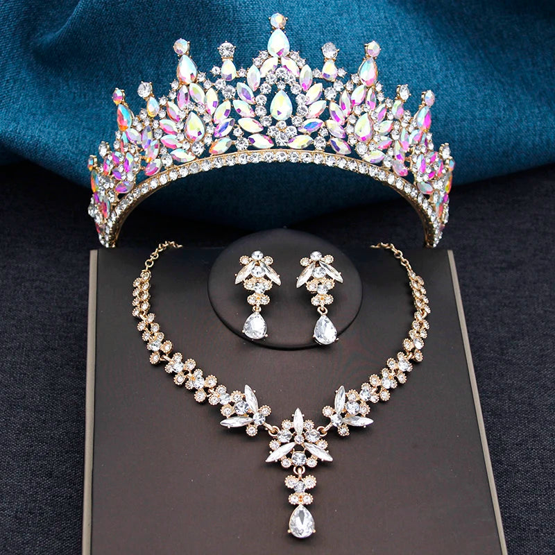 Kamirola Crystal Tiara & Jewelry Set – Bridal Crown With Earrings & Necklace, Gold & Purple