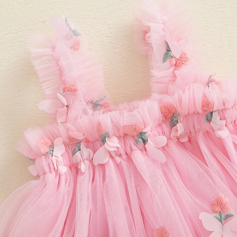 Girls Sleeveless Floral Tulle Princess Dress with Butterfly Detail