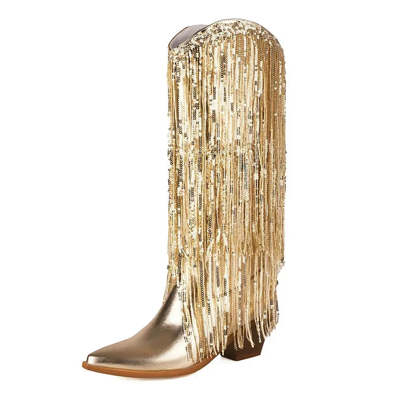 
                      
                        Glitter Gold Knee High Boots Women Block Heels Metallic  Fringe Western Cowgirl Boots
                      
                    