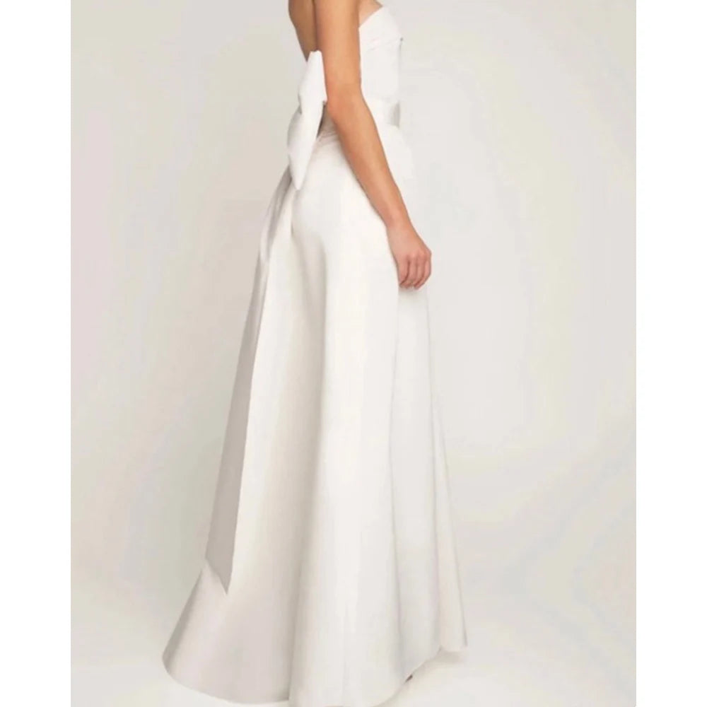 
                      
                        Satin Backless Strapless Jumpsuit Wedding Dress Bow Detachable Train
                      
                    