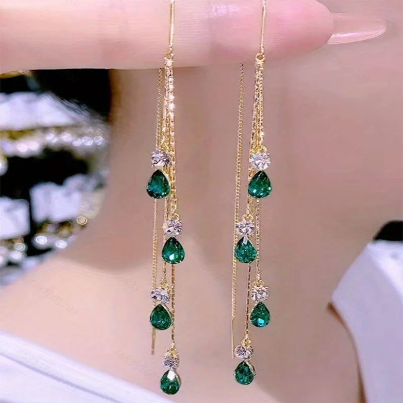 Emerald Green Crystal Zircon Drop Earrings For Women Fashion Long Tassel Party Jewelry