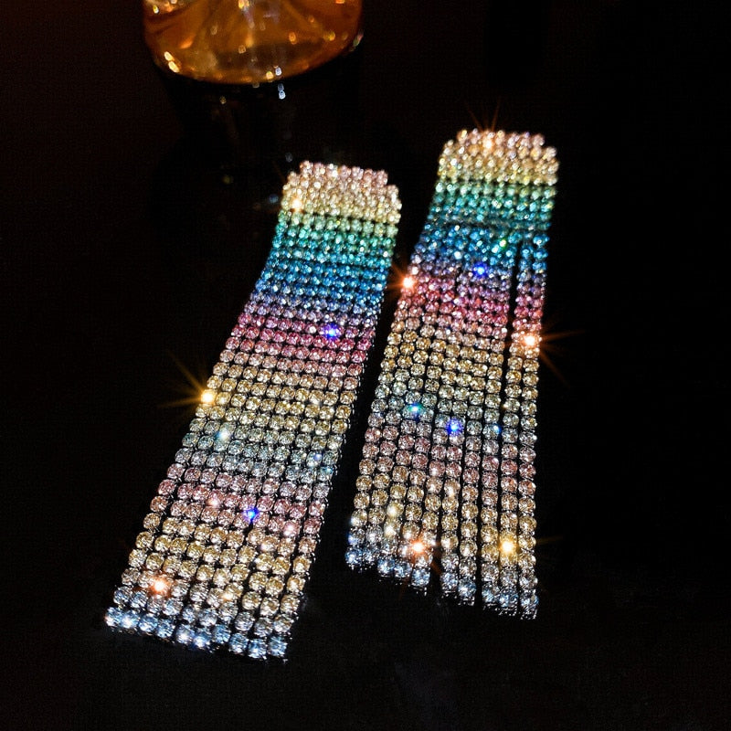 Shiny Rainbow Color Crystal Earrings for Women Long Tassel Rhinestone Dangle Earrings