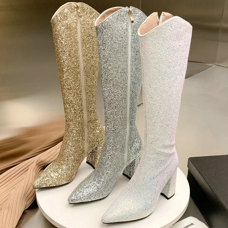 Glitter Bling Party Wedding Pointed Toe Boots Zip Up Block High Heels