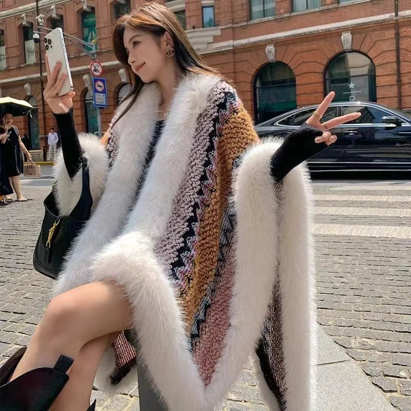 Novelty Vintage Style Faux Fox Fur Cape Coat Colorful Knit Tweeds Cloak Overcoat