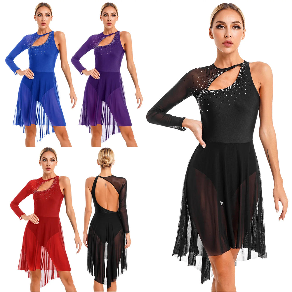 Womens Lyrical Dance Dress Sheer Mesh Gymnastics  Skating Stage Performance Costume