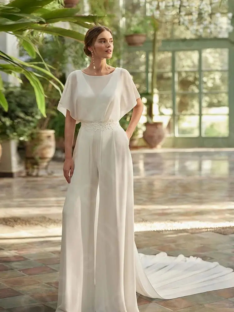 
                      
                        Chiffon Bridal Jumpsuit Wide Leg Boho Chic Wedding Day Suit With Train
                      
                    