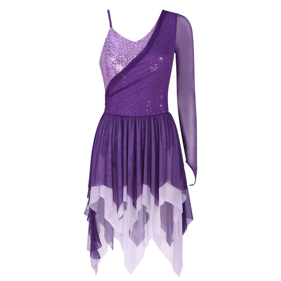 Modern Ballroom Lyrical Dance Dress One Shoulder Sequins Asymmetrical Hem Skating Costumes