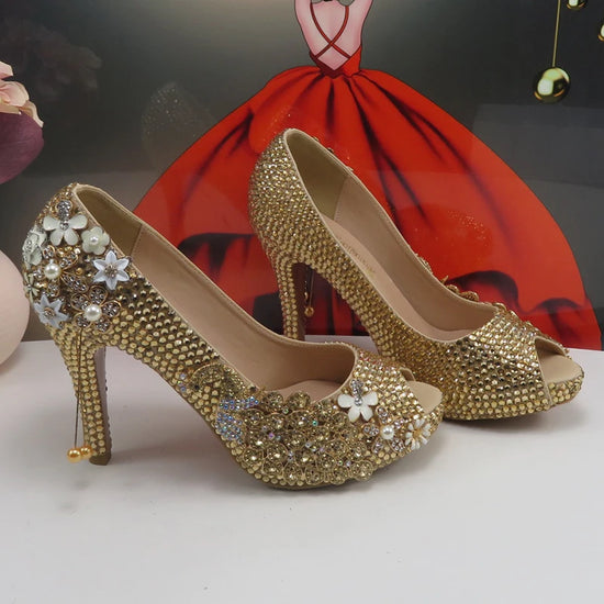 Golden Crystal Peacock Open Toe Party Dress Shoes