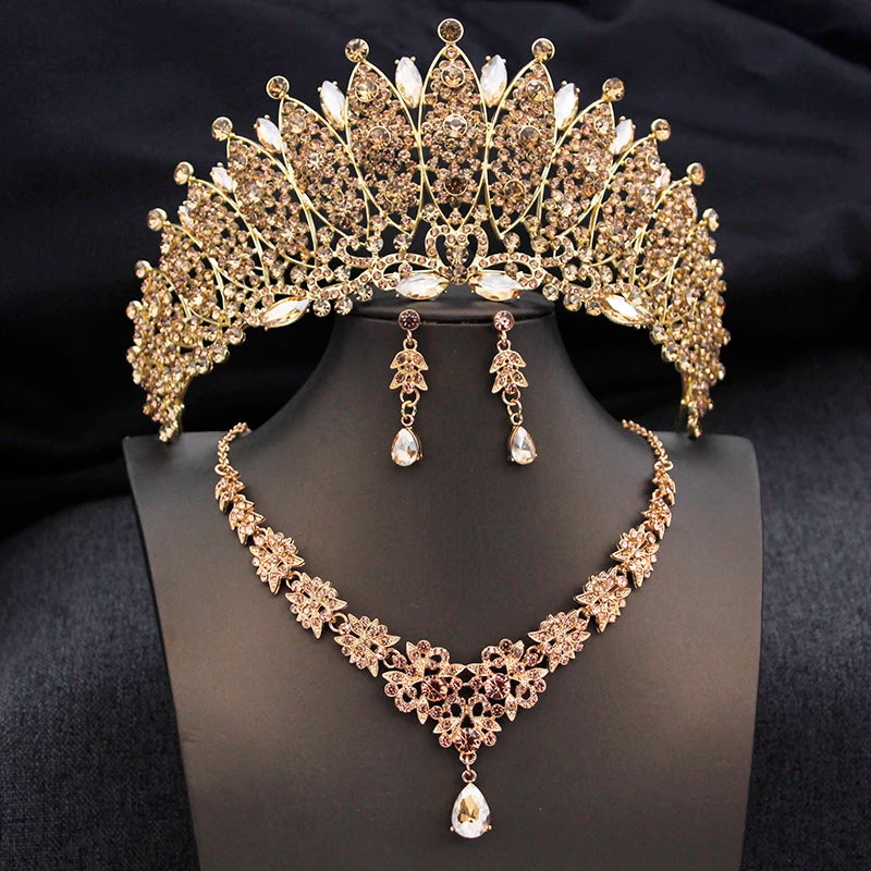 Royal Queen Champagne Tiara Crown Bridal Jewelry Sets for Women Jewelry Accessories