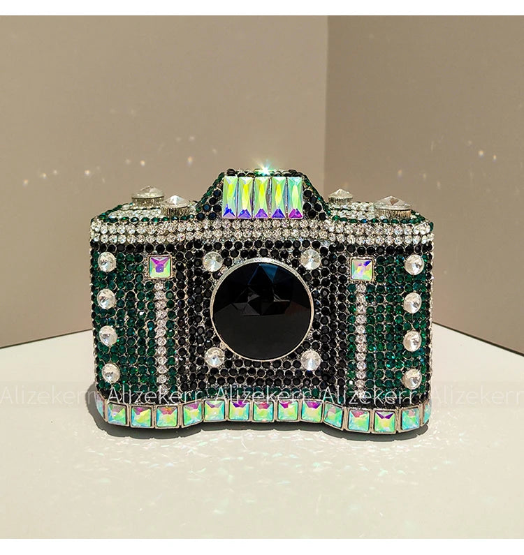 Camera Shaped Diamond Evening Clutch Bag Boutique Novelty Metallic Rhinestone Purse