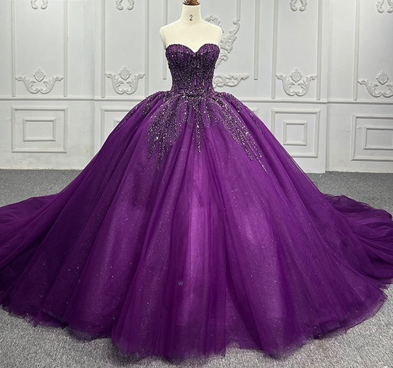 Classic Purple Organza A Line Ball Gown Sweetheart Elegant Evening Dress