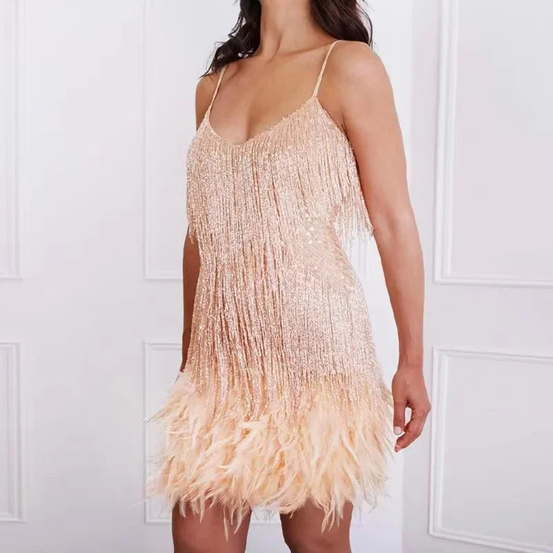 
                      
                        Tassel Sequins Feather Mini Dress Women Spaghetti Strap Party Wedding Boho Chic
                      
                    