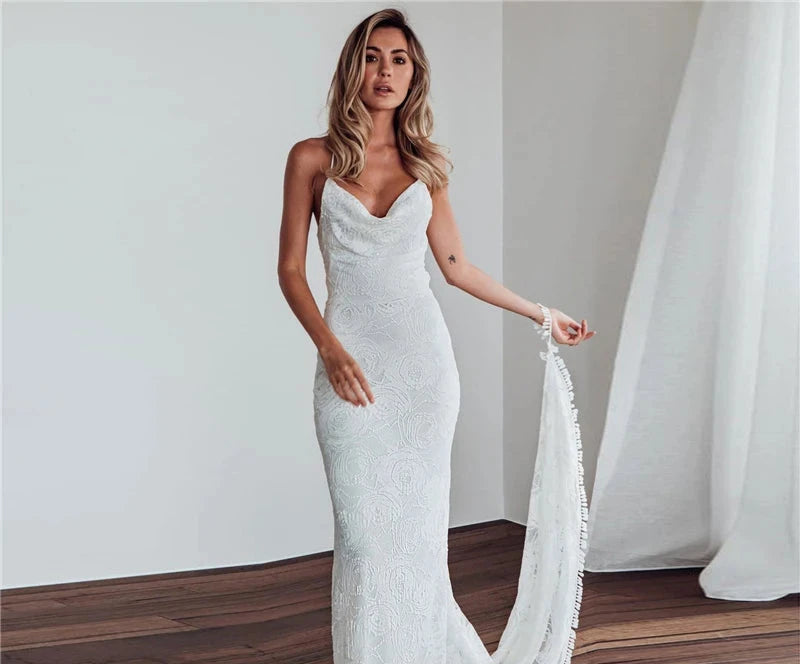 Mermaid Boho Wedding Dress for Women Backless Bohemian Beach Bridal Gown