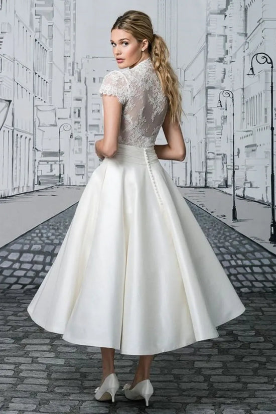 Vintage Lace Tea Length A Line V Neck Bridal Dress