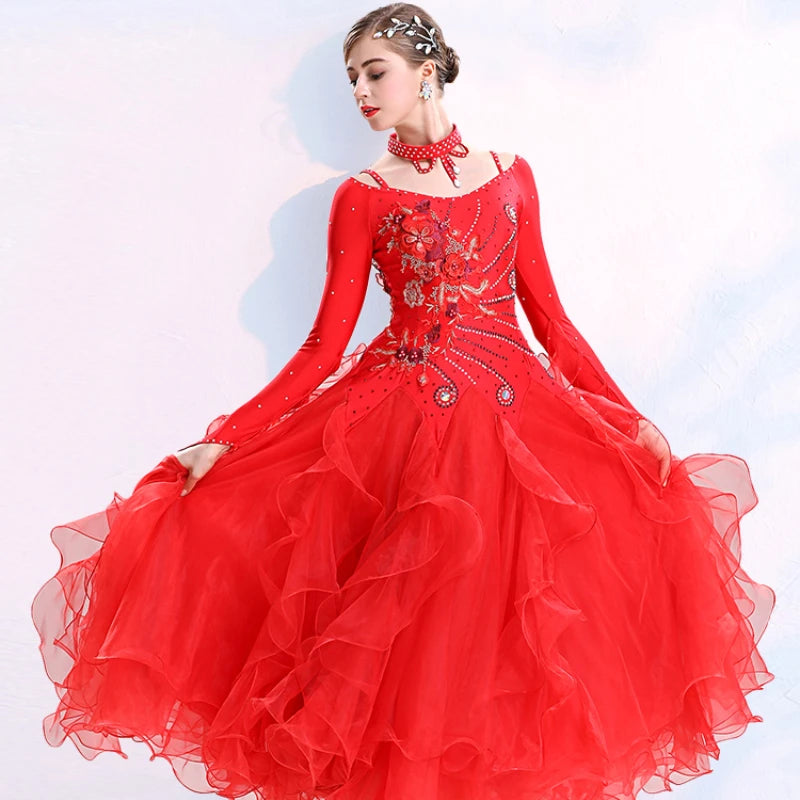 
                      
                        V Neck Fluffy Hemline Standard Ballroom Dress For Ballroom Dance Competition
                      
                    