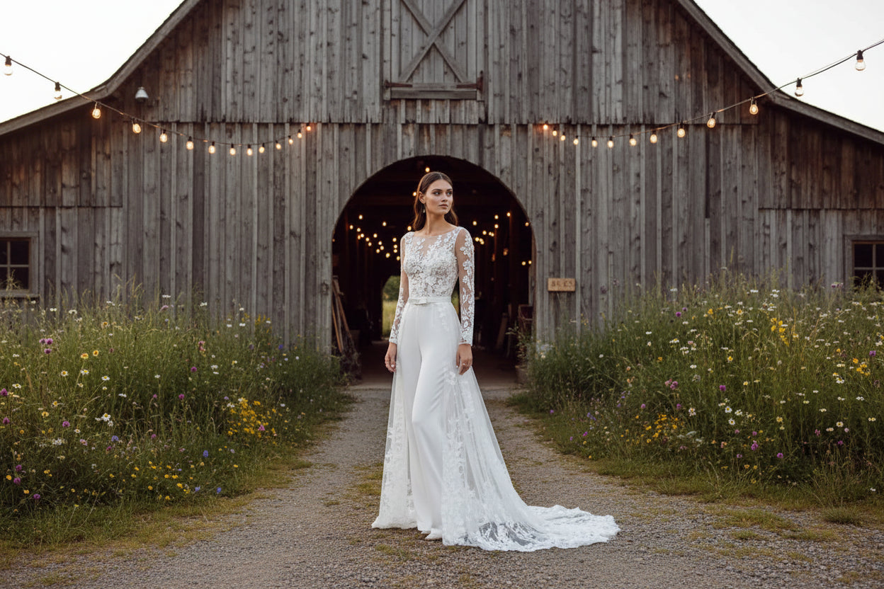 Wedding Lace Boho Jumpsuit Removable Train Illusion Lace Bridal Suit, step into the spotlight with this show-stopping boho bridal jumpsuit t