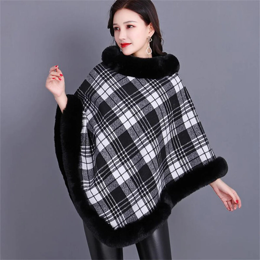 
                      
                        Striped Plaid Poncho Winter Faux Fur Street Wear Triangle Fur Neck Pullover Cloak
                      
                    