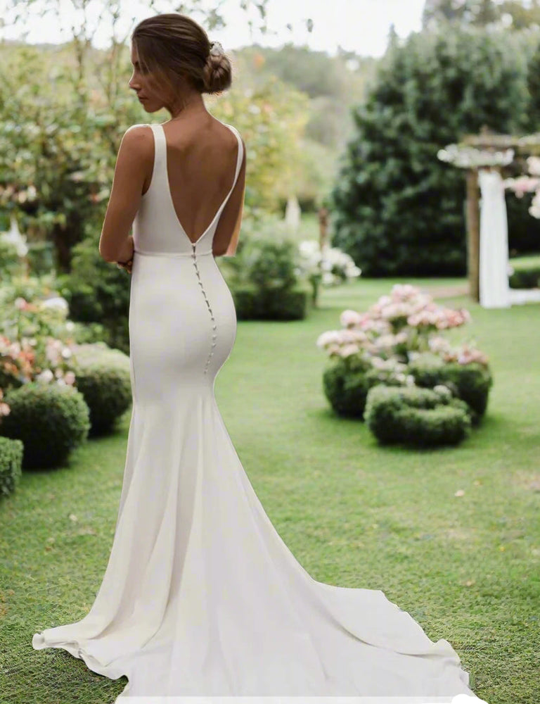 
                      
                        Crepe Chiffon Backless Wedding Dress  Side Slit Mermaid  Bridal Gown
                      
                    