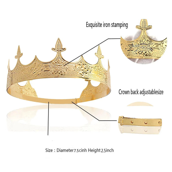 Vintage Royal King Crown For Men Round  Metal Costume Crown
