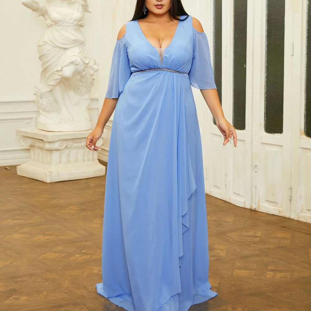 Blue Chiffon Plus Size Party Dress Elegant V Neck Half Flare Sleeve A-line Evening Gown