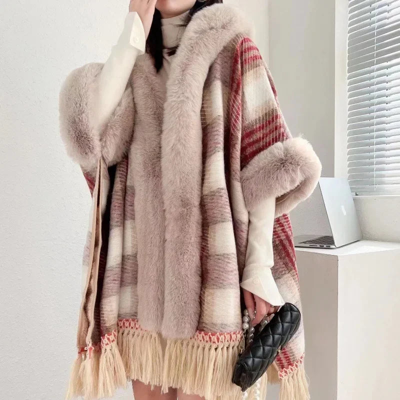 Women's Hooded Fleece-lined Thickened Loose-fit Cardigan Grid Pattern Woolen Fringe Jacket