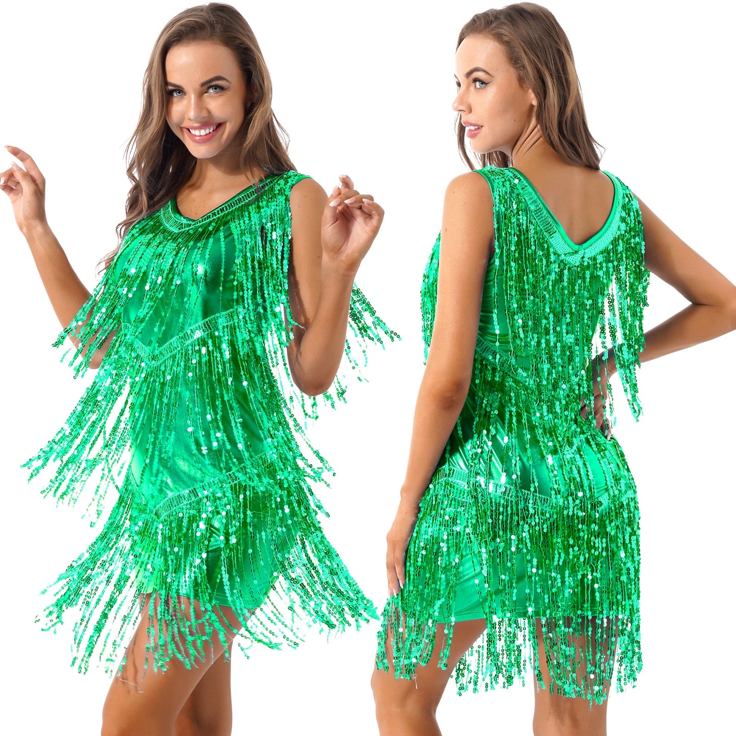 Ladies Sleeveless Sparkling Sequin Tassels Fringe Ballroom Latin Dance Dress
