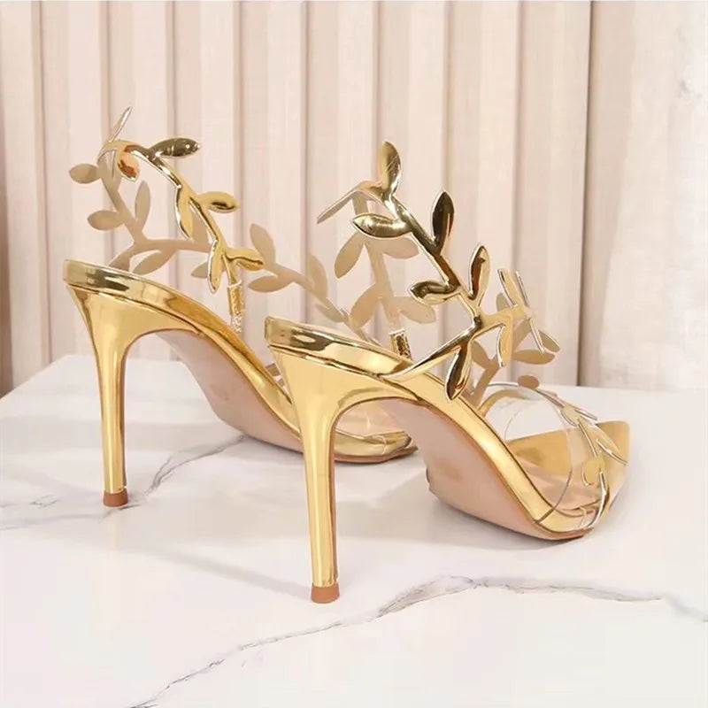 
                      
                        Leather Gold Leaf Women Sandals  Pointed toe Thin High Heels Gladiator Party Shoes
                      
                    