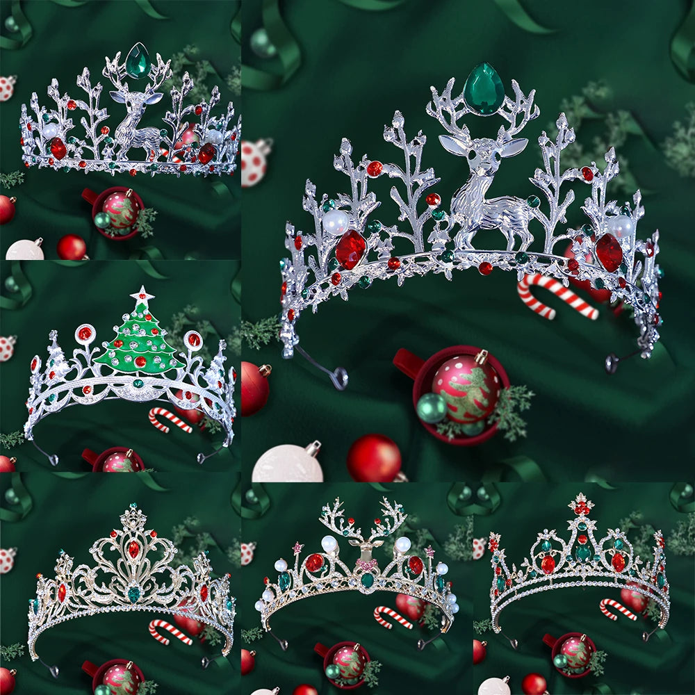 Collage of Christmas-themed tiaras with reindeer, trees, and candy canes on a green background.