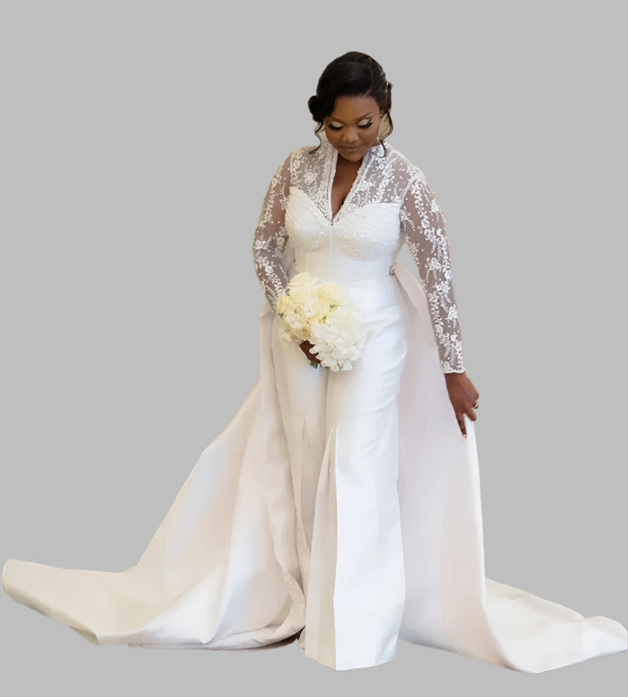 Plus Size Jumpsuit Wedding Dress With Overskirt Train V Neck Long Sleeve