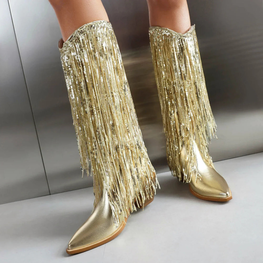 
                      
                        Glitter Gold Knee High Boots Women Block Heels Metallic  Fringe Western Cowgirl Boots
                      
                    