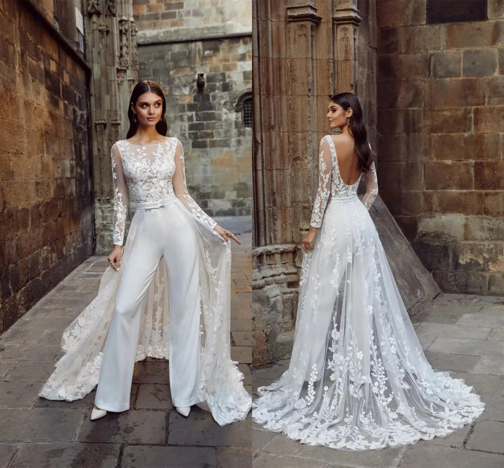 Wedding Lace Boho Jumpsuit Removable Train Illusion Lace Bridal Suit, step into the spotlight with this show-stopping boho bridal jumpsuit t