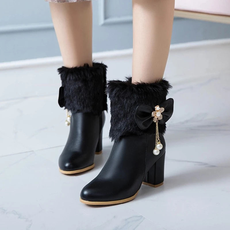 Women's Ankle Boots Tassel Bowtie Fashion Fur Party Wedding Shoes