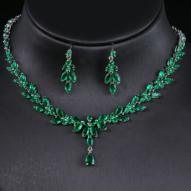 Luxury Green Cubic  Zirconia Crystal Necklace and Earrings Jewelry Set