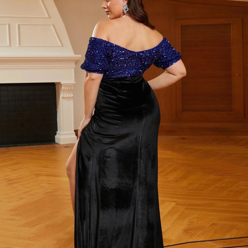 Plus Size Black Velvet Party Dress Off Shoulder Sleeve Blue Sequin Evening Gown