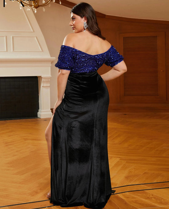 Plus Size Black Velvet Party Dress Off Shoulder Sleeve Blue Sequin Evening Gown