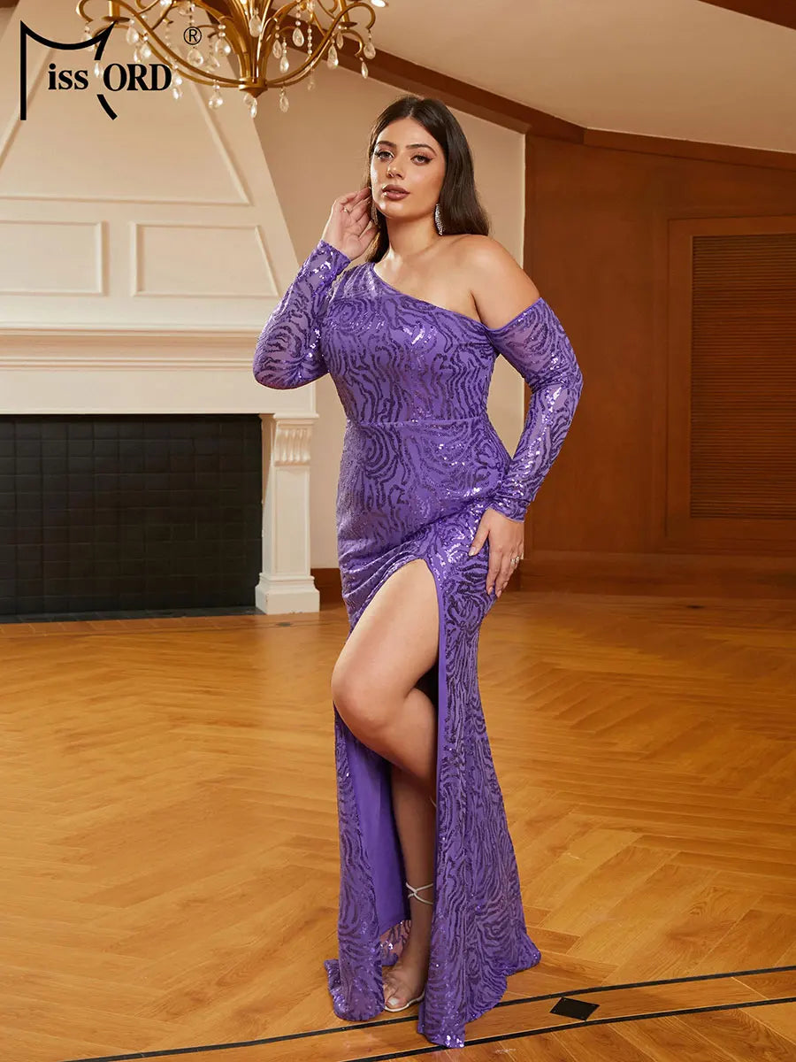 Purple Sequin Plus Size Elegant One Shoulder Long Sleeve Party Evening Dress