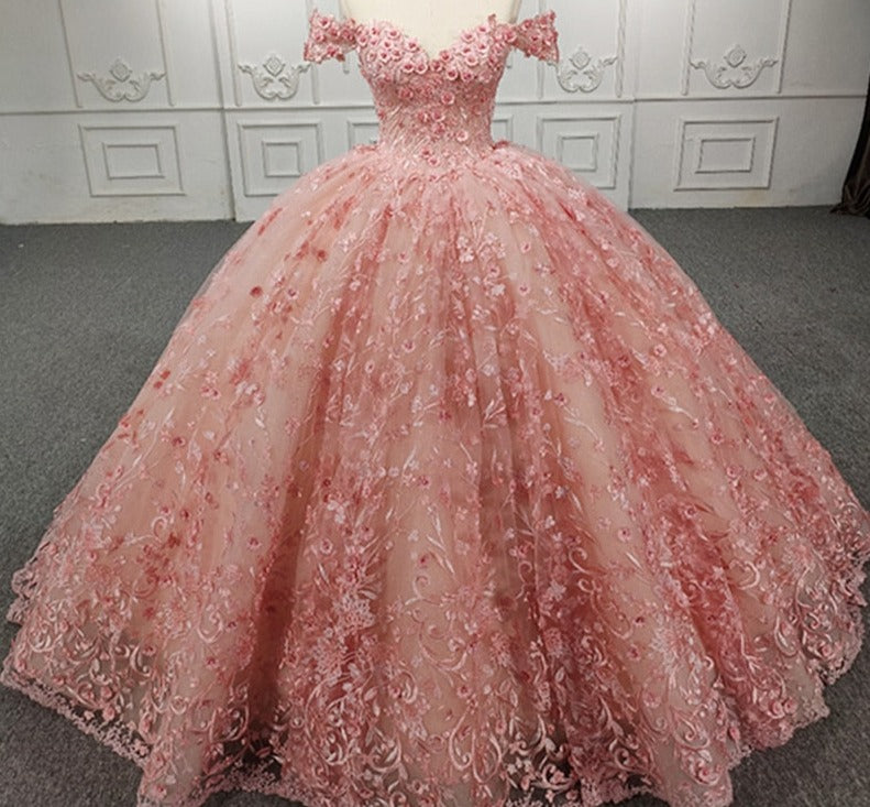 Quinceanera Ball Gown Pink Flower Dress