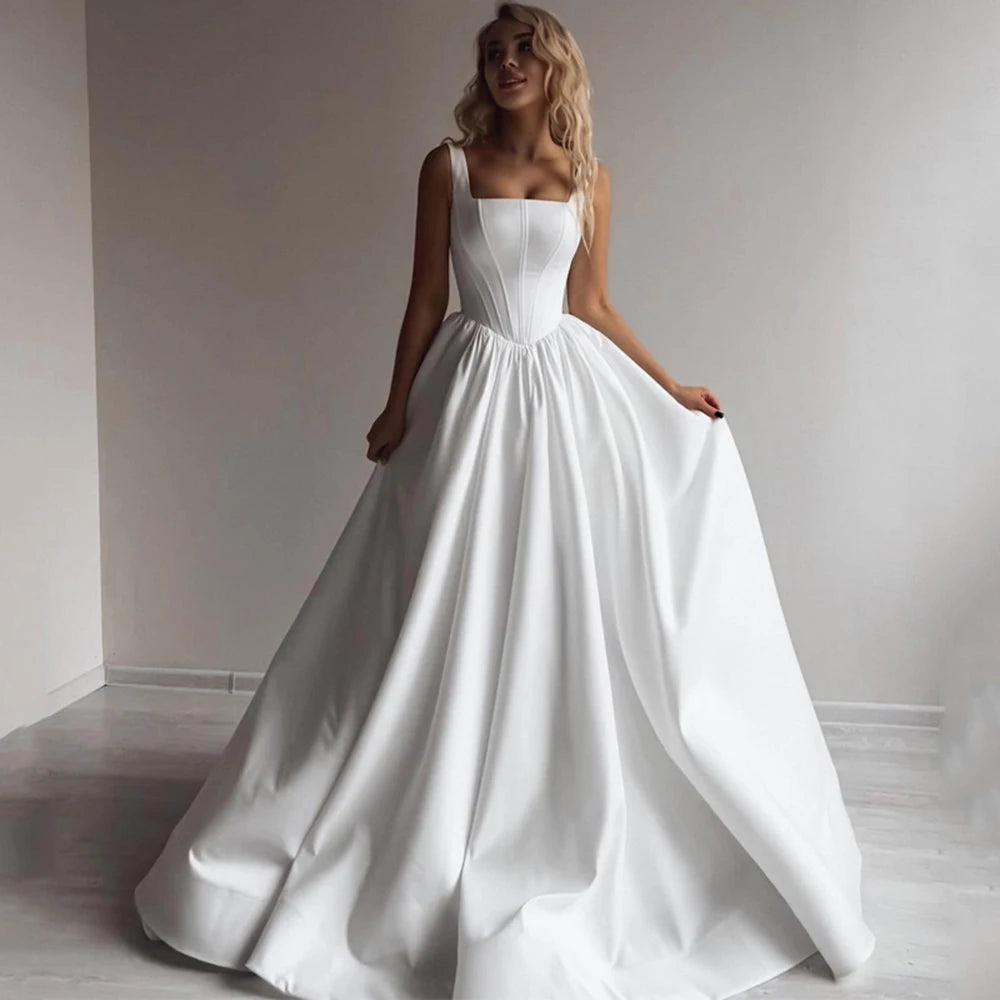 A-Line Wedding Dress Satin Sleeveless Boho Beach Square Collar Evening Gown