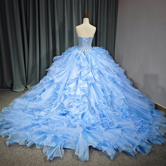 Blue Quinceanera Dress with pleats and flowers