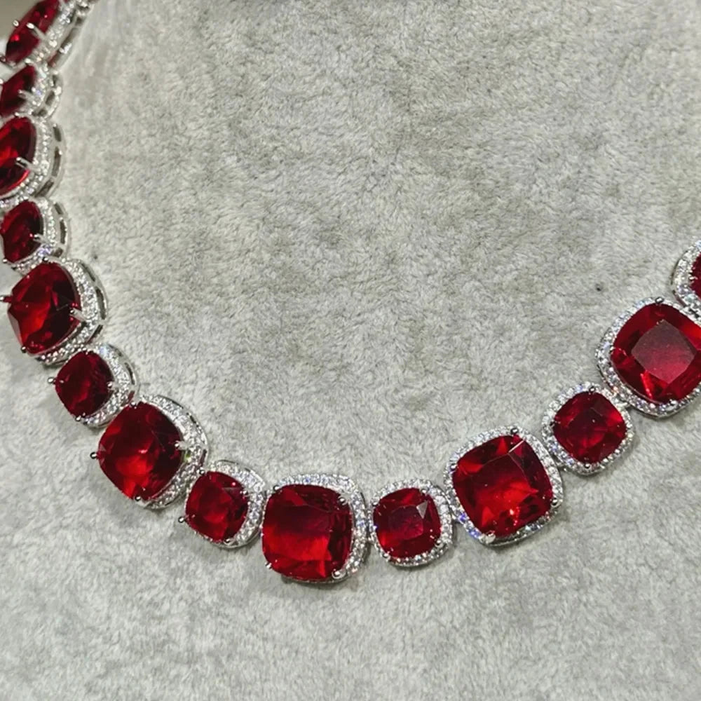 
                      
                        Fashion Red Square Crystal Necklace Earrings Party Jewelry Set
                      
                    