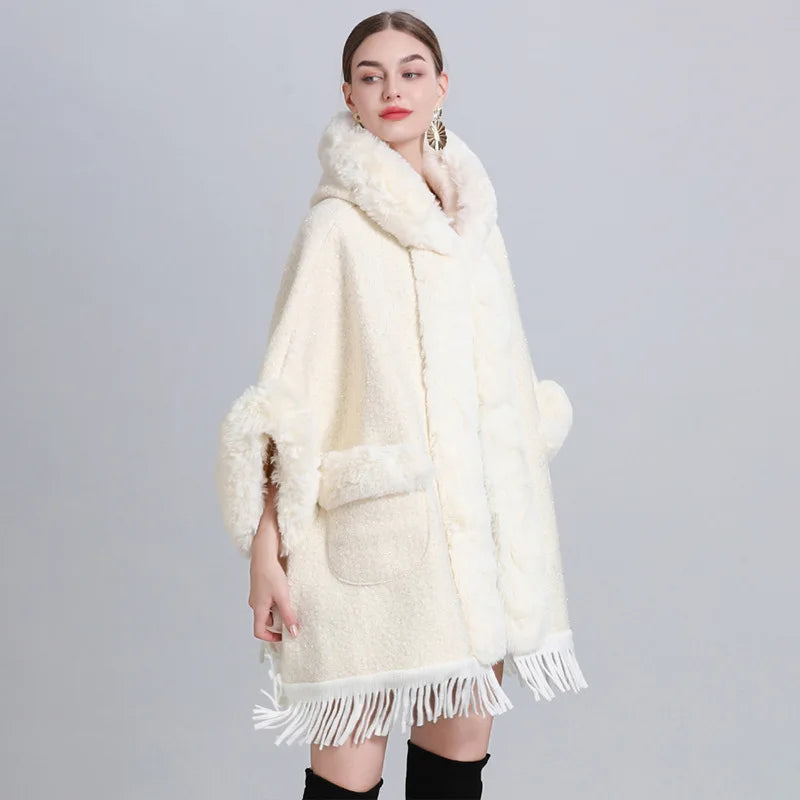 Faux Fur Cape Coat Over Sized Poncho Hooded  Loose Cardigan Shawl