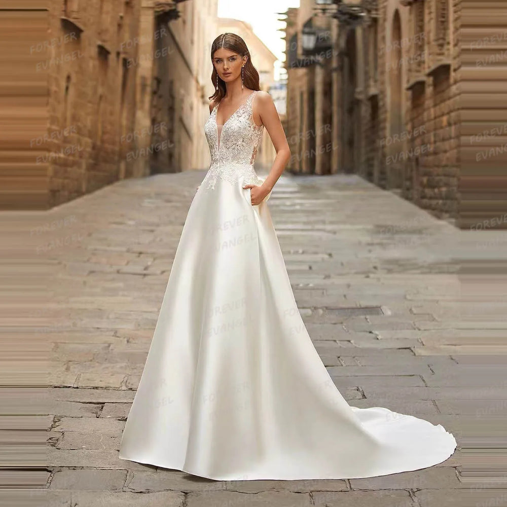 
                      
                        Boho Wedding Dress A Line Sleeveless Backless Satin Bridal Gown
                      
                    