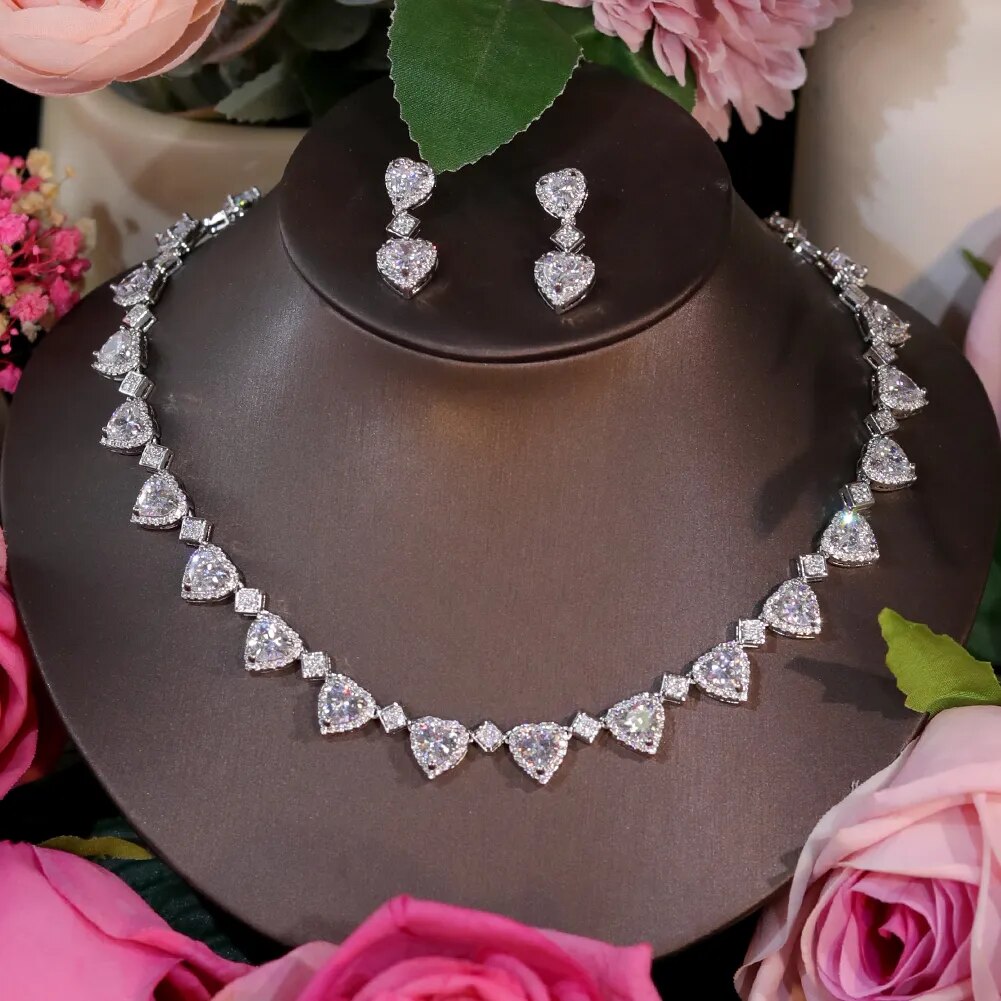 2pcs Cubic Zirconia Pink Heart Shape Necklace Earring for Women Bridal Jewelry Sets