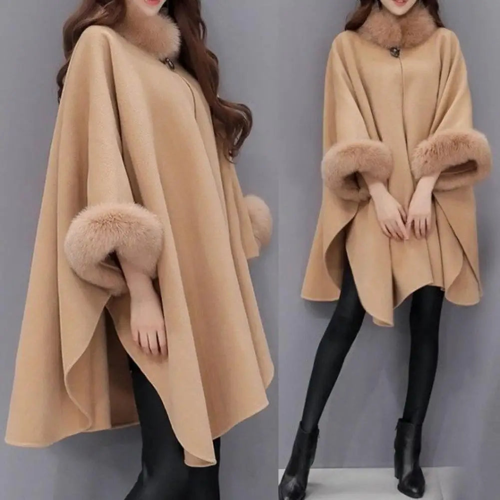 Ladies Cape Coat Solid Color Faux Fur Collar Autumn Winter Warm Loose Mid Length Poncho