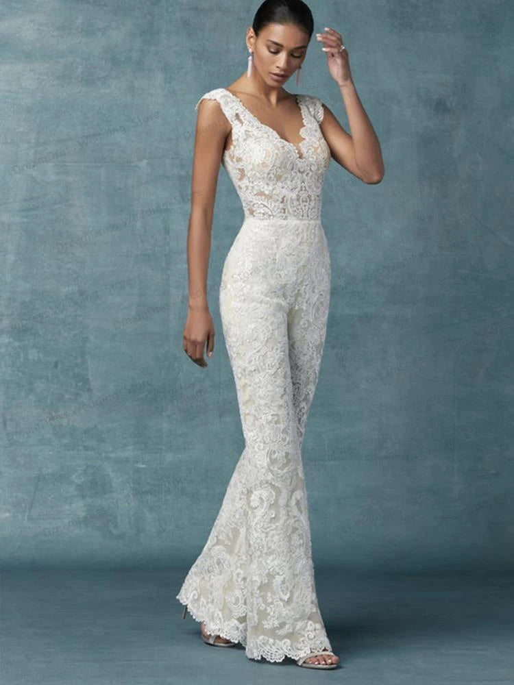 
                      
                        Jumpsuit Wedding Dress With Detachable Train Bride Lace Pants Suit
                      
                    