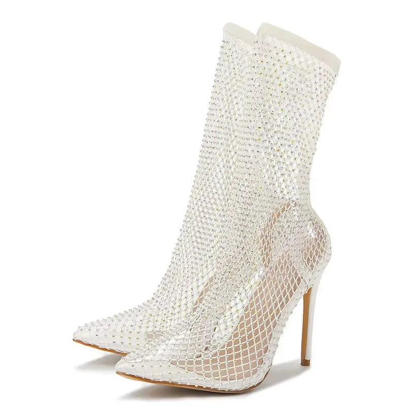 
                      
                        Crystal Rhinestone Mesh Stretch Fabric Sock Boots Fashion Transparent High Heels
                      
                    